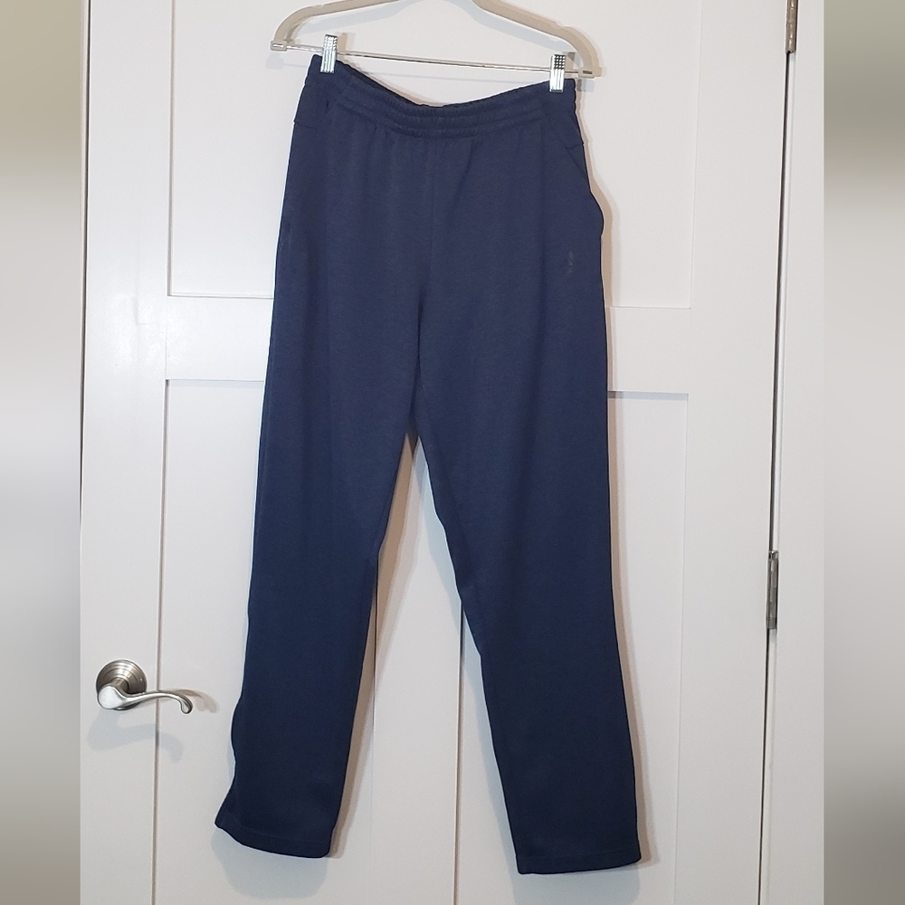 Adidas Size Large Sweat Pants Zippered Outer Legs Black & Blue Print Pockets